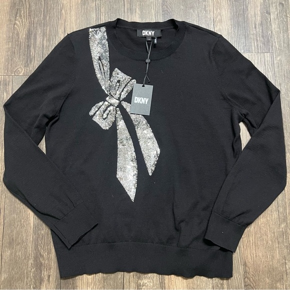 NWT DKNY Sequin Silver Bow Long Sleeves Round Neck Black Cotton Sweater Top M - Picture 6 of 12